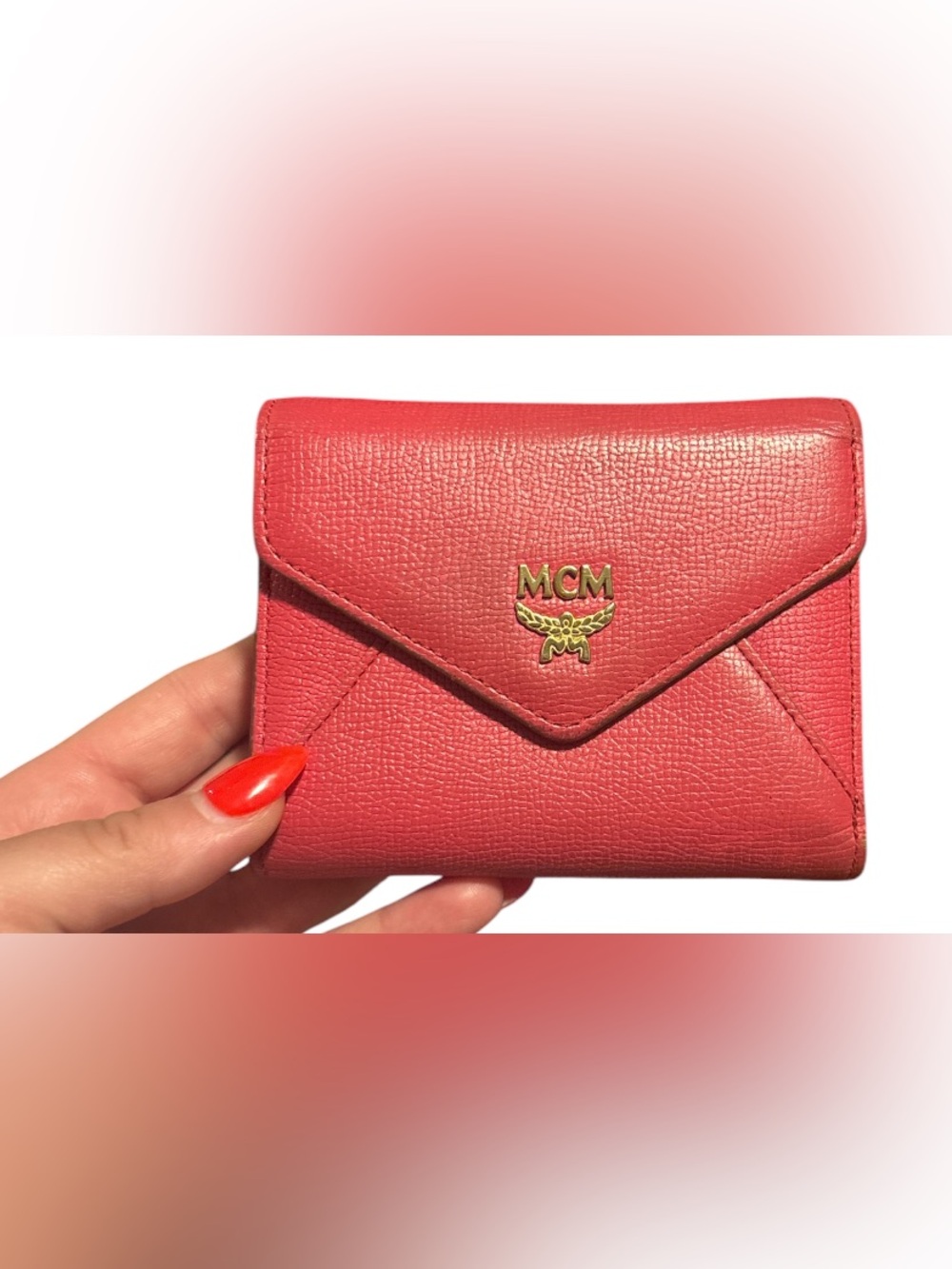 MCM Coral-Red Leather Envelope Wallet with Gold Emblem
